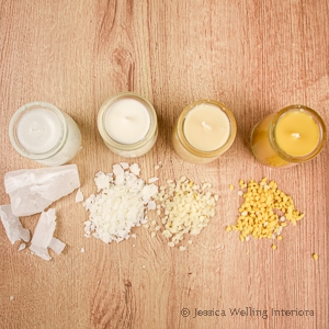 overhead view of 4 different candles made with paraffin, soy wax, white beeswax and yellow beeswax