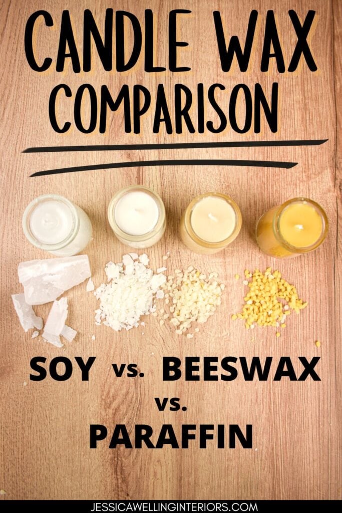 Candle Wax Comparison: soy vs. beeswax vs. paraffin overhead view of 4 candles each made with a different type of wax