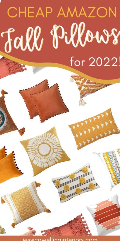Cheap Amazon Fall Pillows for 2022! collage of modern boho Fall pillow covers in orange, yellow, red, and cream