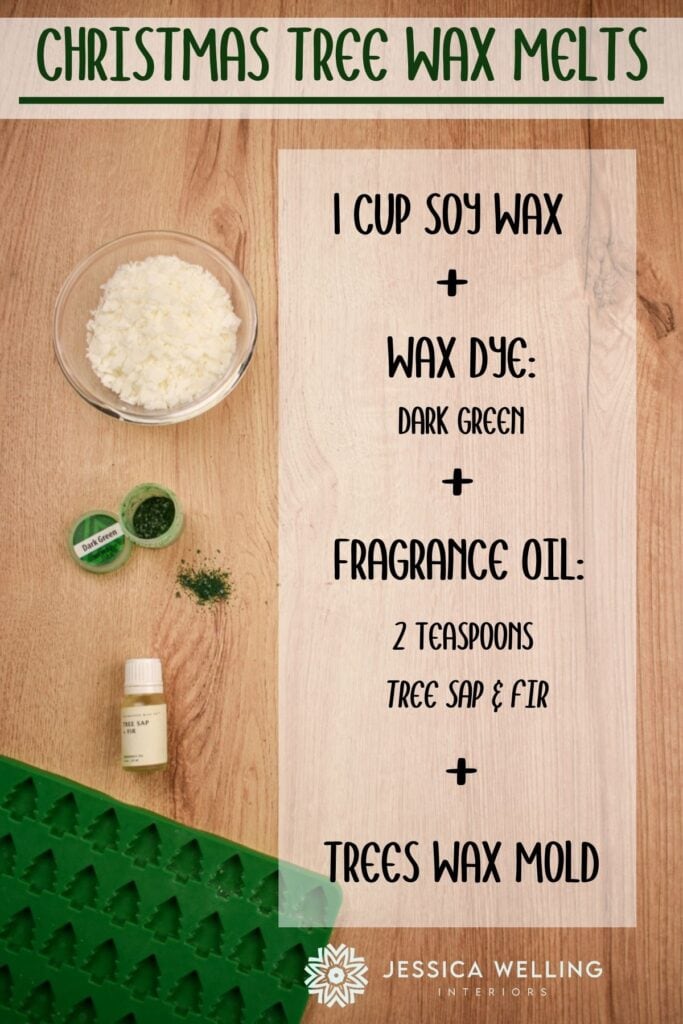 Christmas Tree Wax Melts: recipe infographic for green Christmas tree scented wax melts