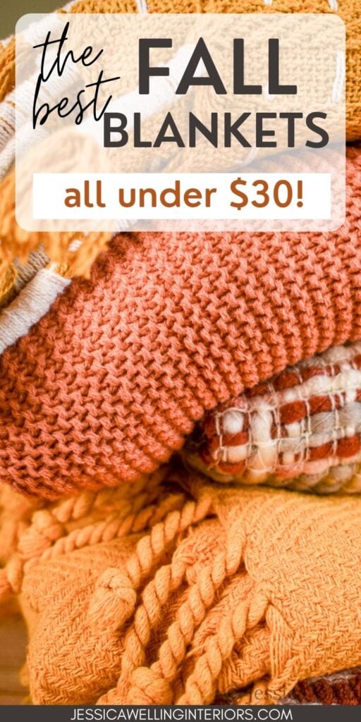 The Best Fall Blankets- All Under $30! photo of a stack of Fall throw blankets in orange and yellow
