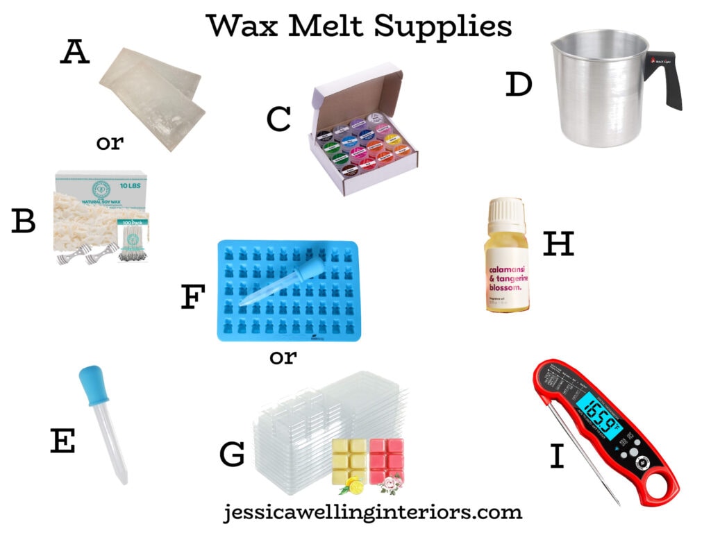Wax Melt Supplies: collage of materials needed to make wax melts- paraffin, fragrance oil, wax dye, etc.