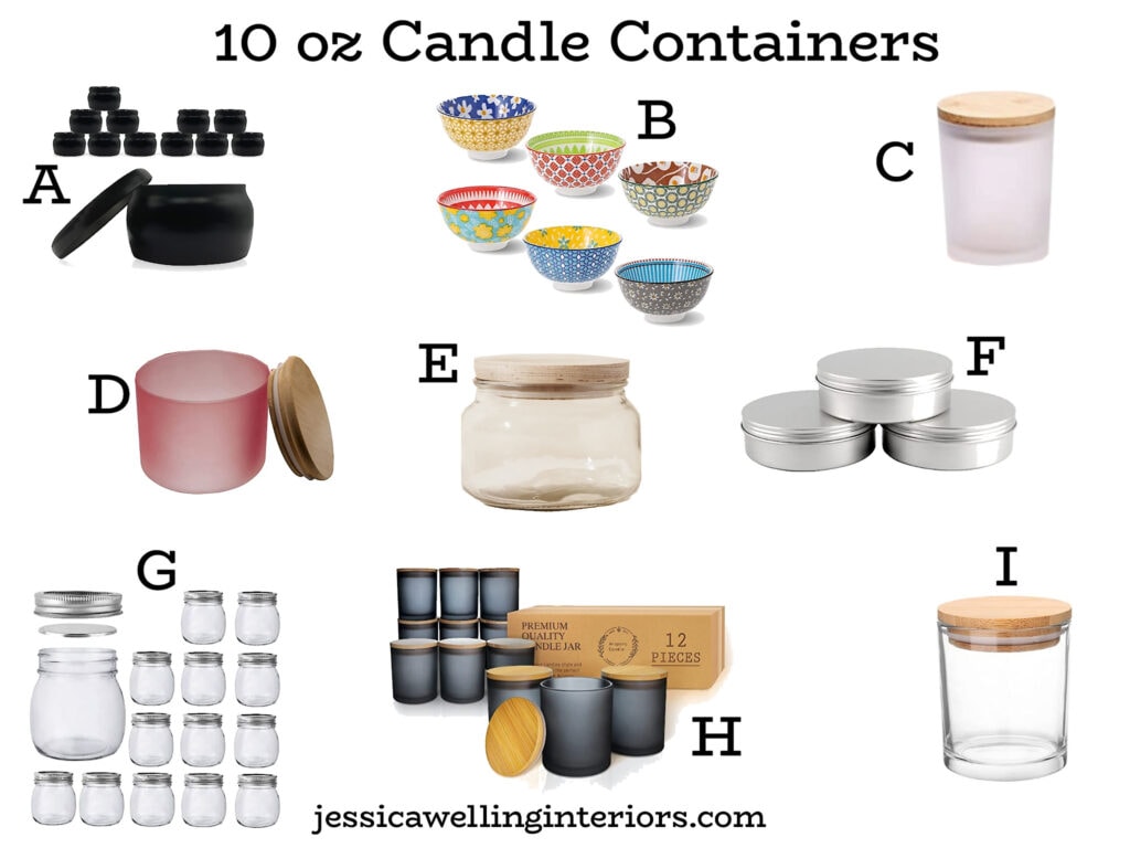 10 oz candle containers: collage of 9 candle tins and candle jars available online