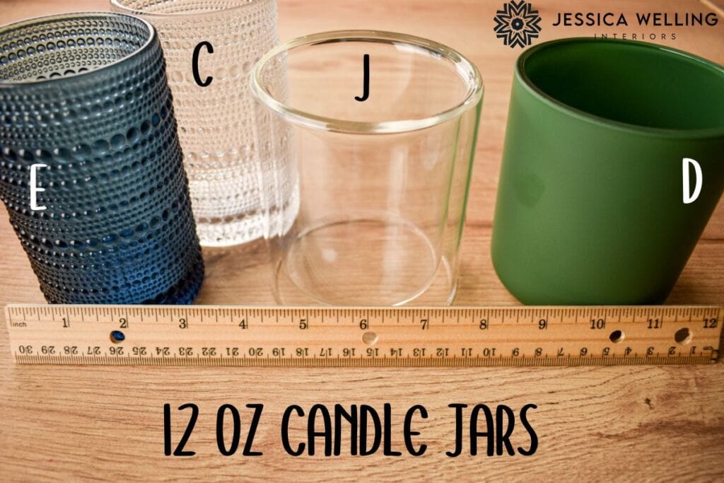12 oz Candle Jars 4 different candle jars lined up next to a ruler for scale