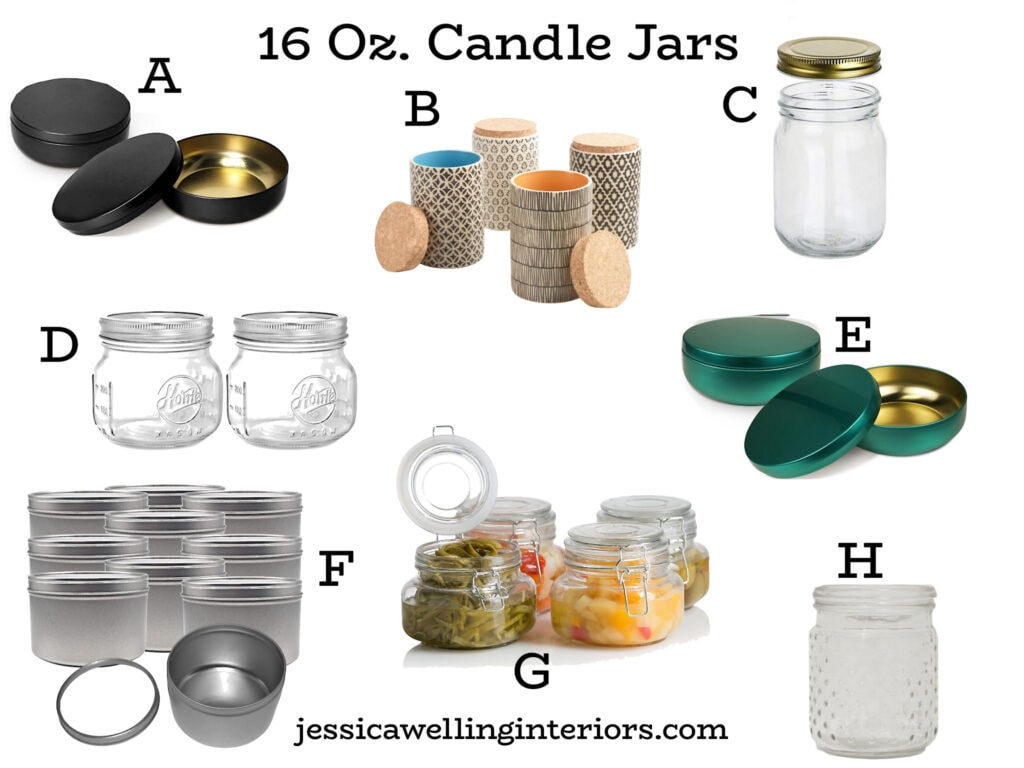 16 oz Candle Jars: collage of different candle jars and tins and vessels