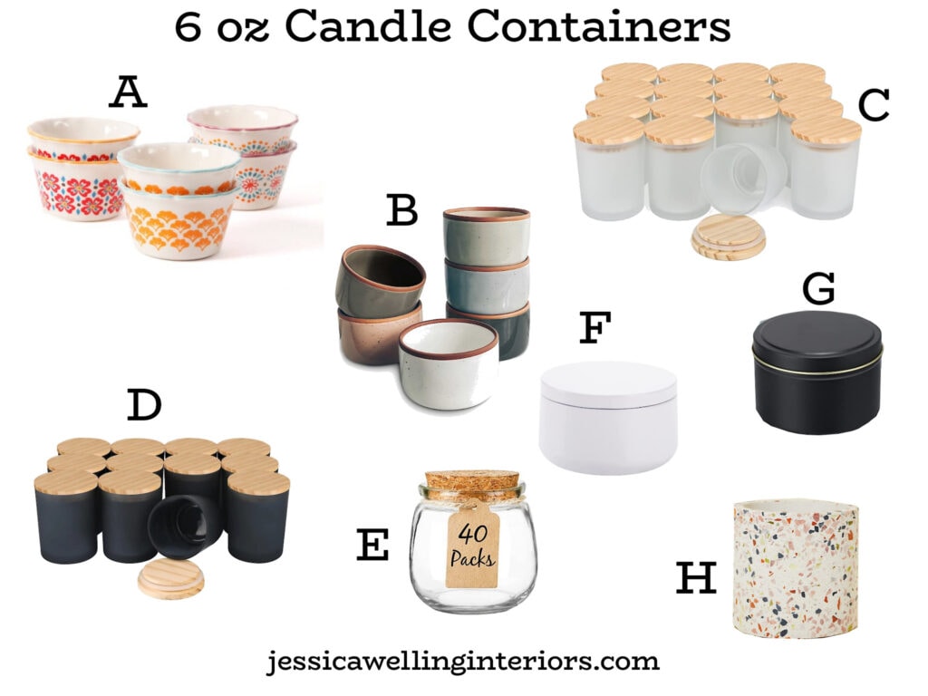 6 oz Candle Containers: collage of different styles of candle vessels- candle jars with lids, candle tins, small bowls, etc.