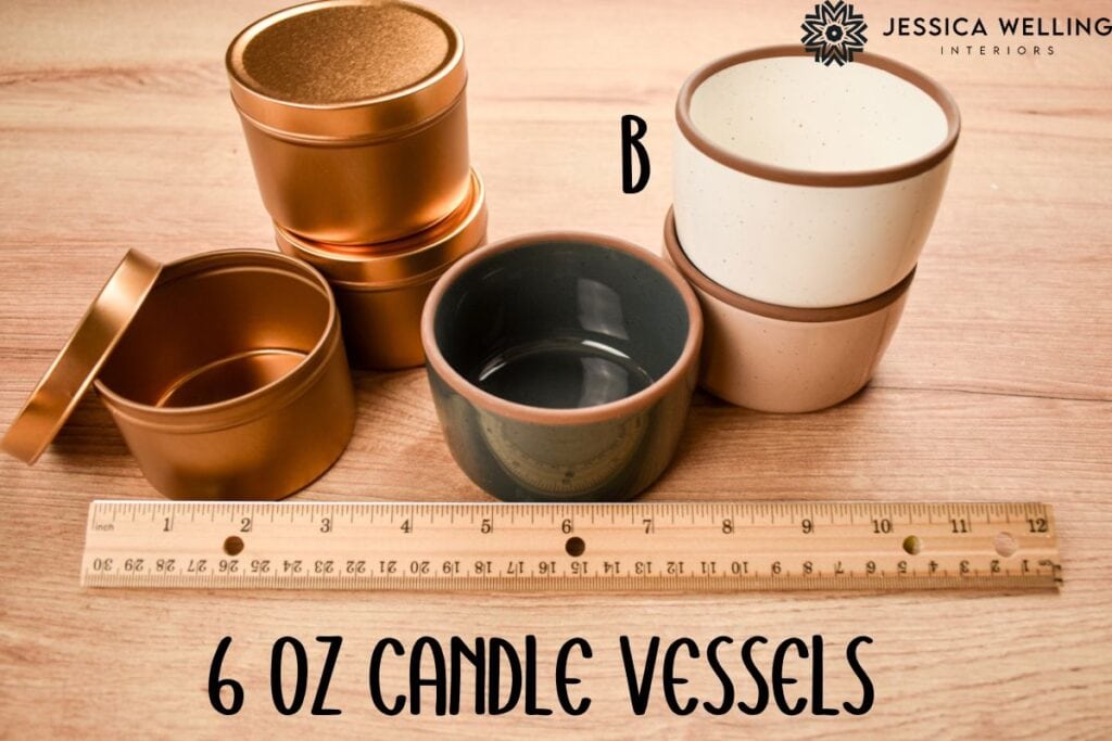 6 Oz Candle Vessels: candle tins lined up next to a ruler for scale