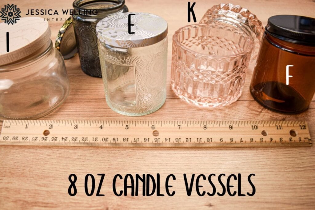 8 oz candle vessels: variety of 8 oz candle jars lined up next to a wood ruler