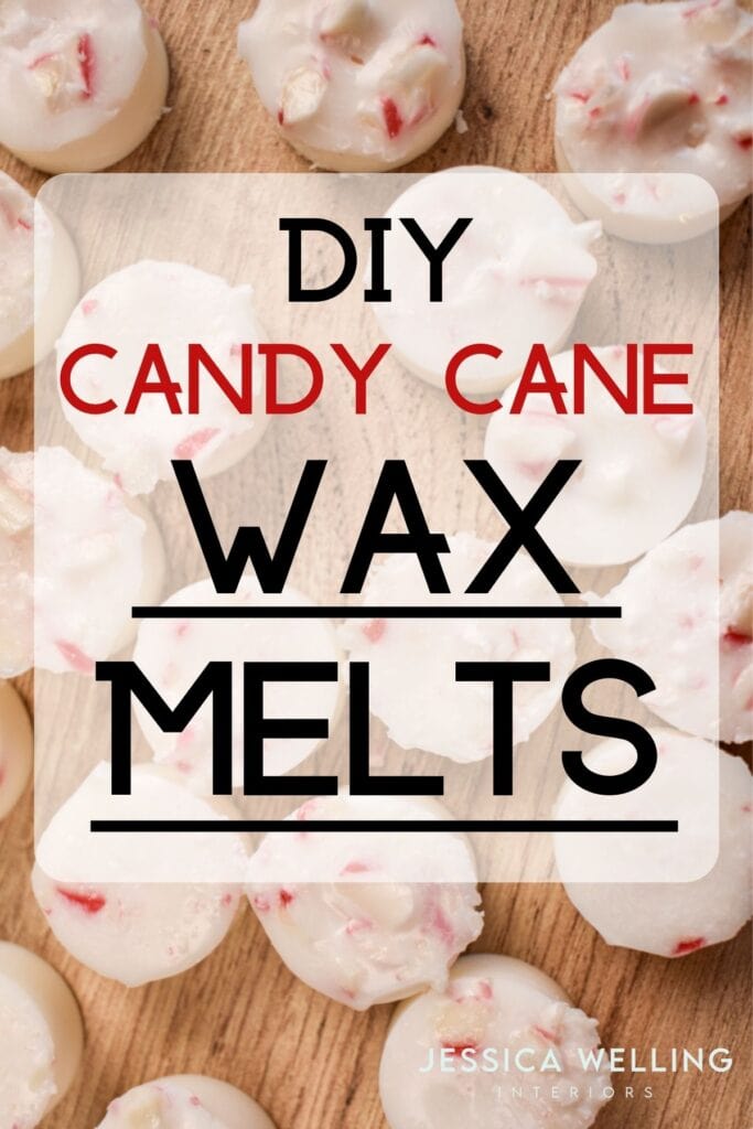 DIY Candy Cane Wax Melts round wax melts with bits of candy cane in them on a wood background