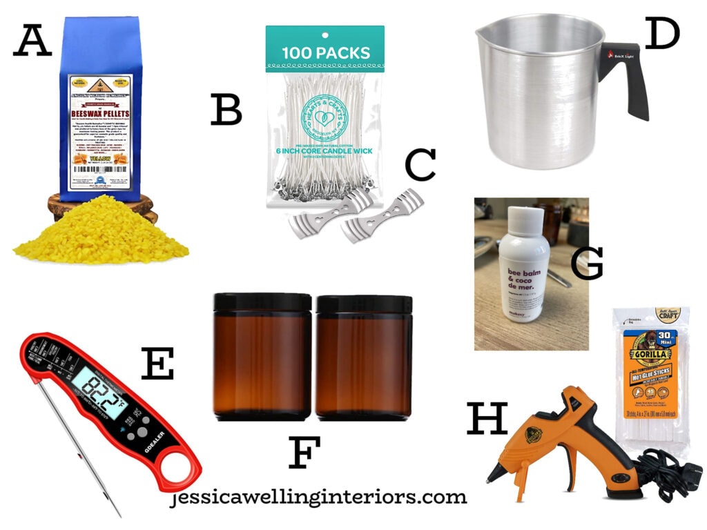 Collage of materials needed to make beeswax candles