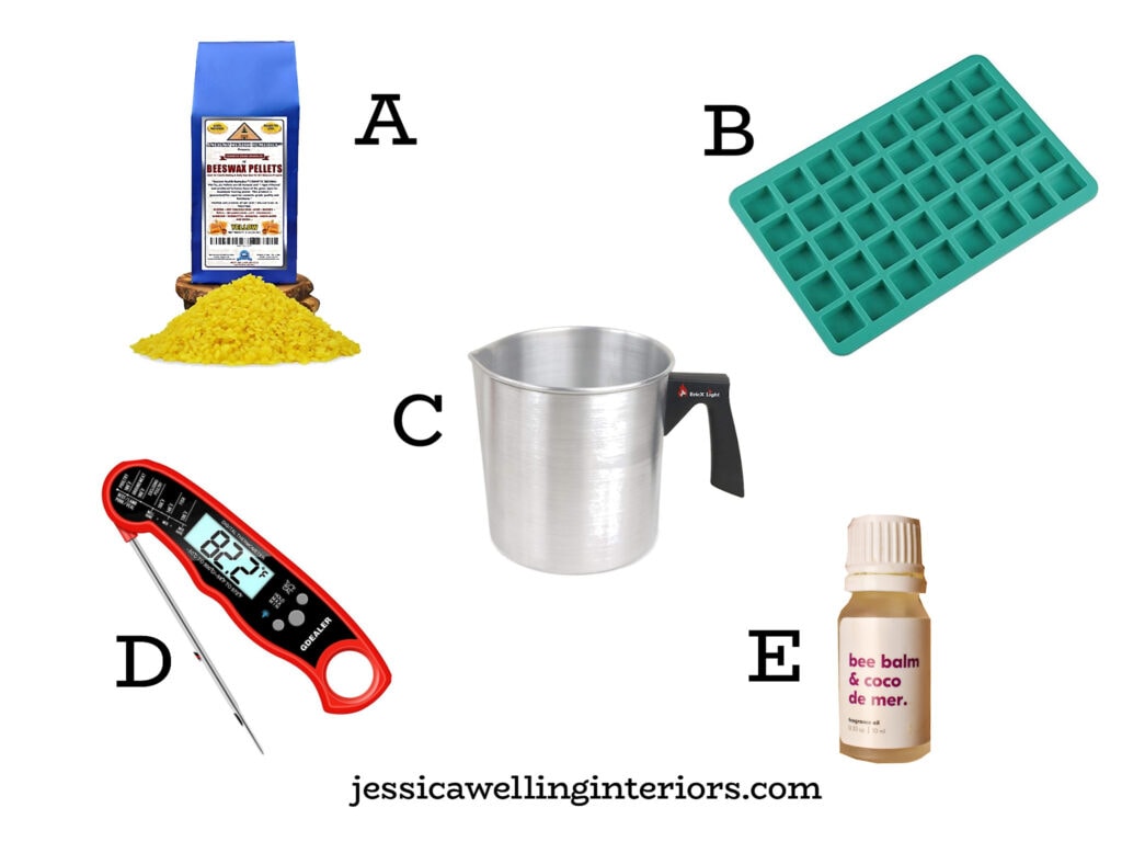 collage of materials and ingredients needed to make wax melts with beeswax