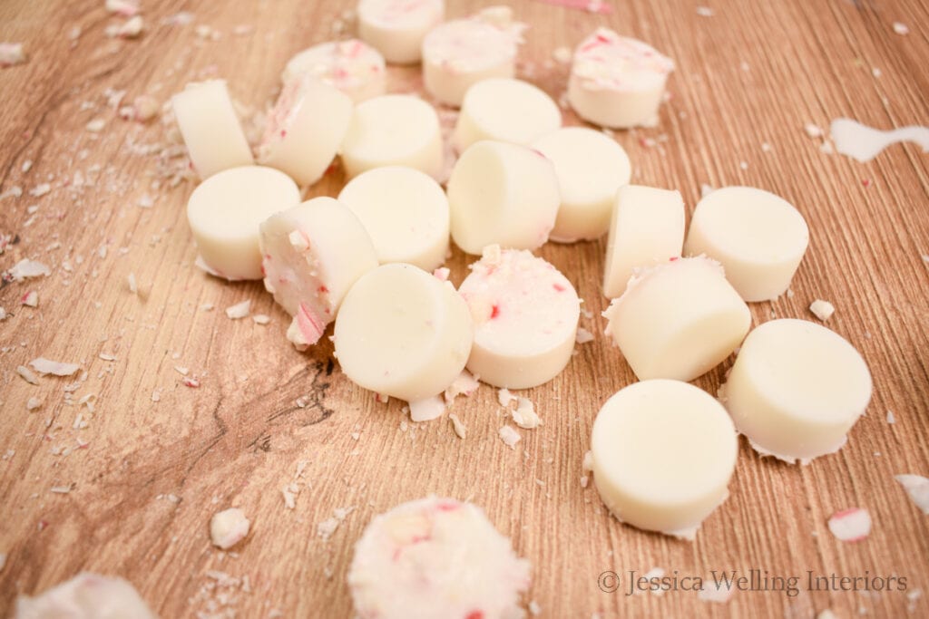 candy cane wax melts on a table top