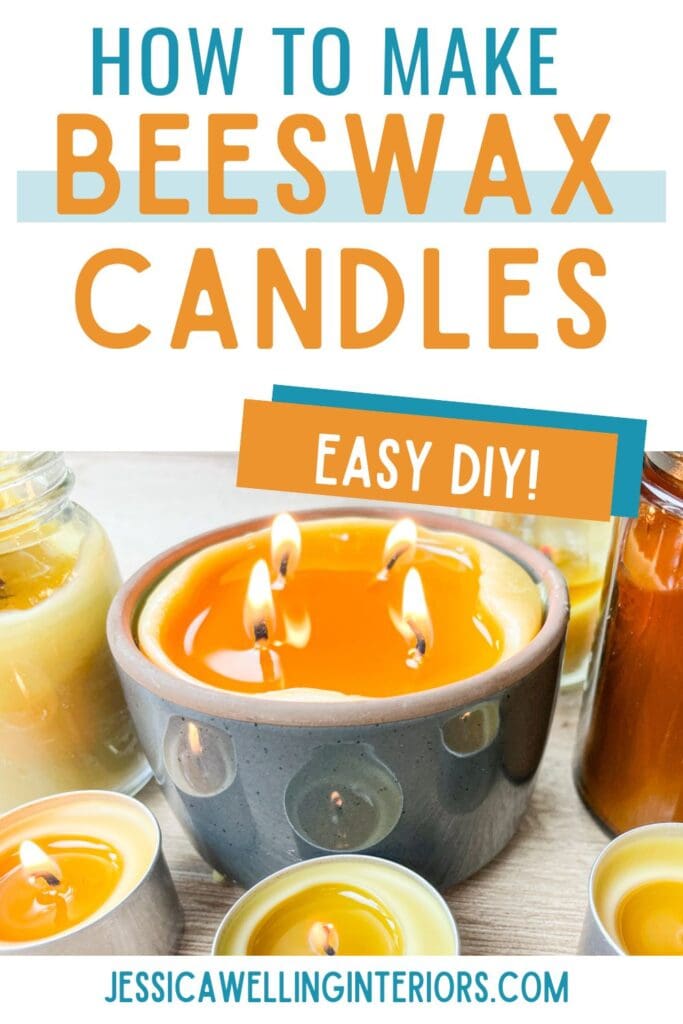 How to Make Beeswax Candles: Easy DIY: large handmade beeswax candle in a dark grey ramekin surrounded by other beeswax candles