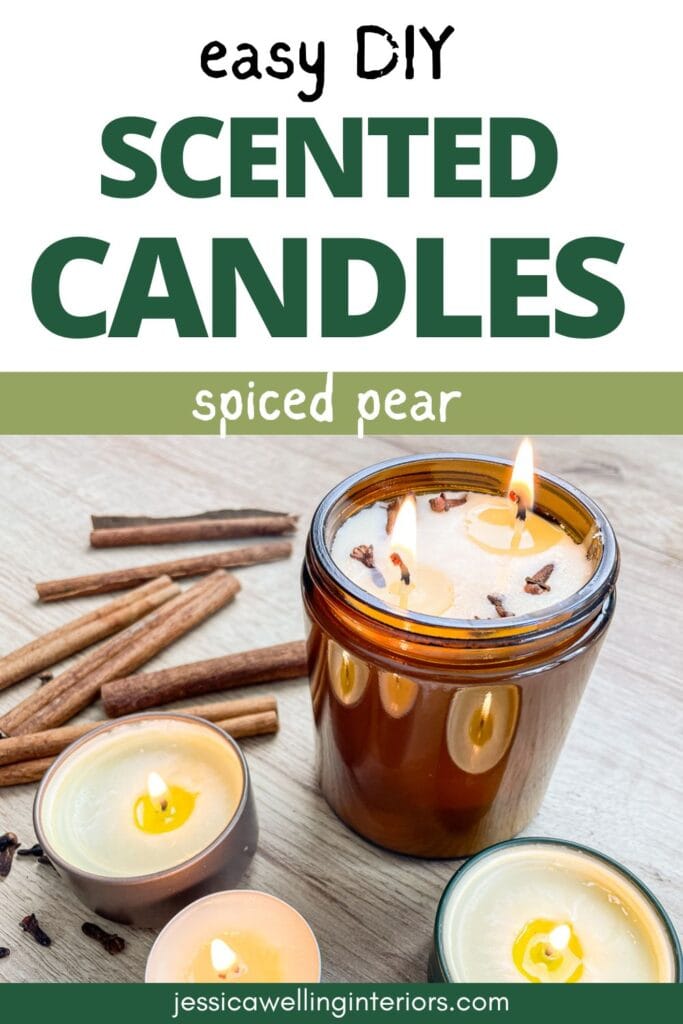 easy DIY Scented Candles: Spiced Pear handmade candle in an amber glass jar with cinnamon sticks and cloves