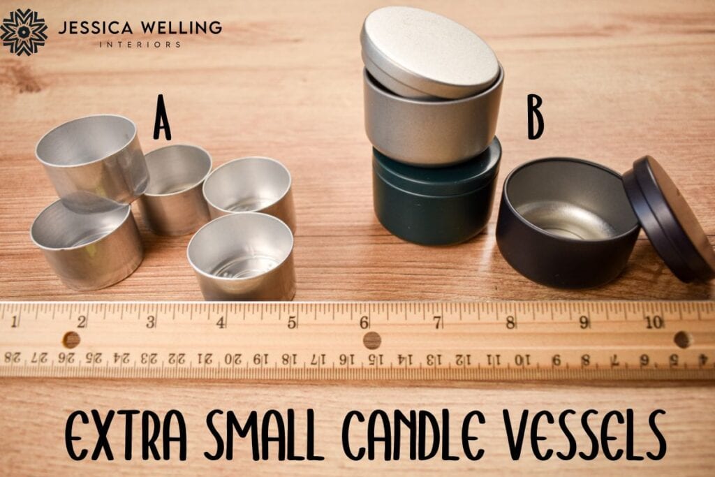 tealight tins and extra small candle tins lines up next to a ruler for scale