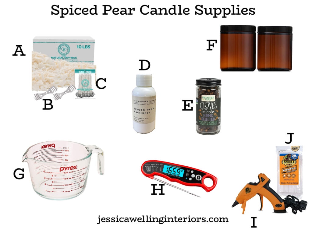 Spiced Pear Candle Supplies: collage of tools and materials needed to make DIY scented soy candles