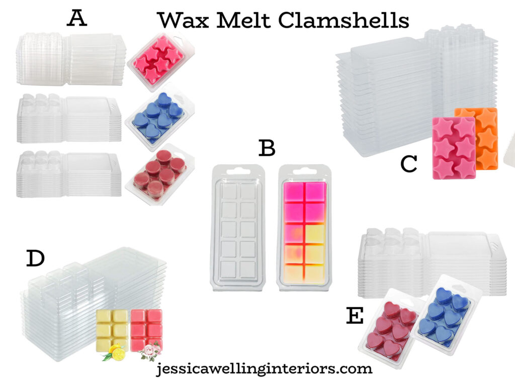 collage of clamshell wax molds available on amazon- hearts, circles, squares, rectangles, and stars