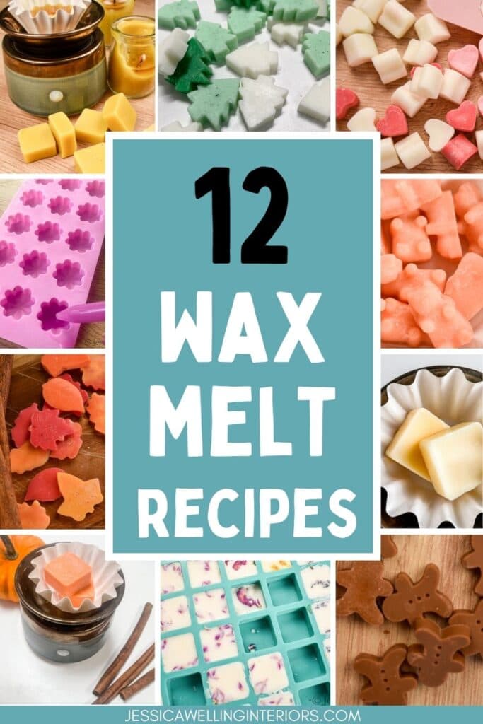 12 Wax Melt Recipes; collage of DIY wax melts- gingerbread men, Fall leaves, gummy bears, hearts, Christmas trees, and more.