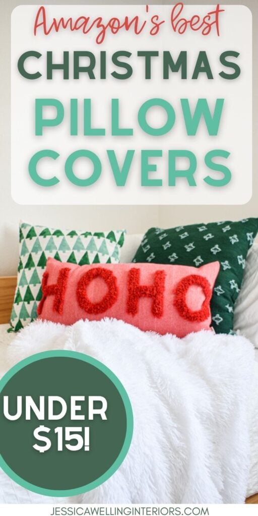 Amazon's best Christmas Pillow Covers Under $15! photo of bed with Chrismtas pillows on it