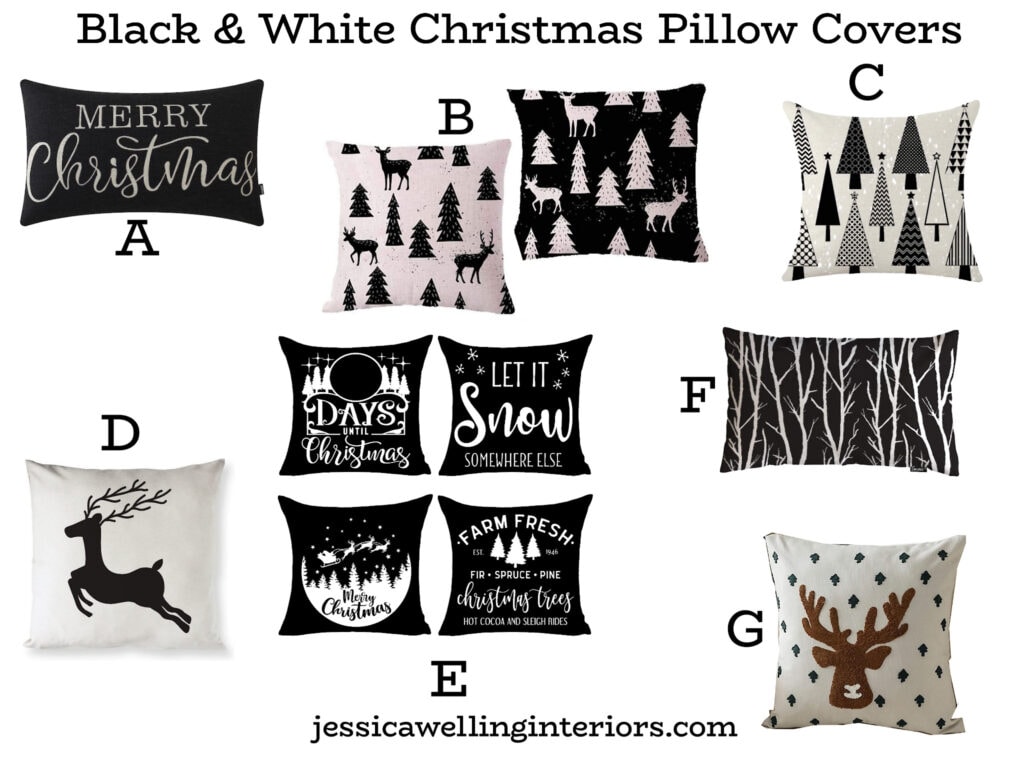 Black & White Christmas Pillow Covers: collage of square and lumbar throw pillow covers with reindeer, Christmas trees, etc.