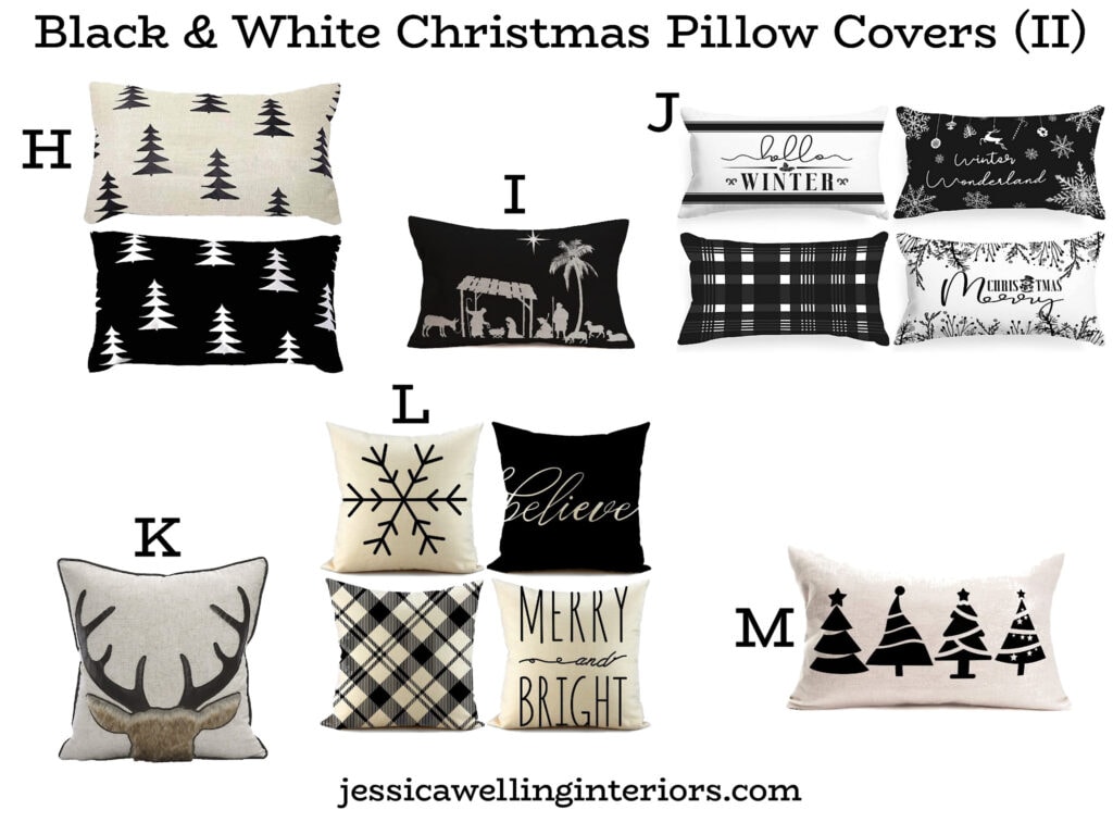Black & White Christmas Pillow Covers (II): collage of holiday pillow covers in black & white