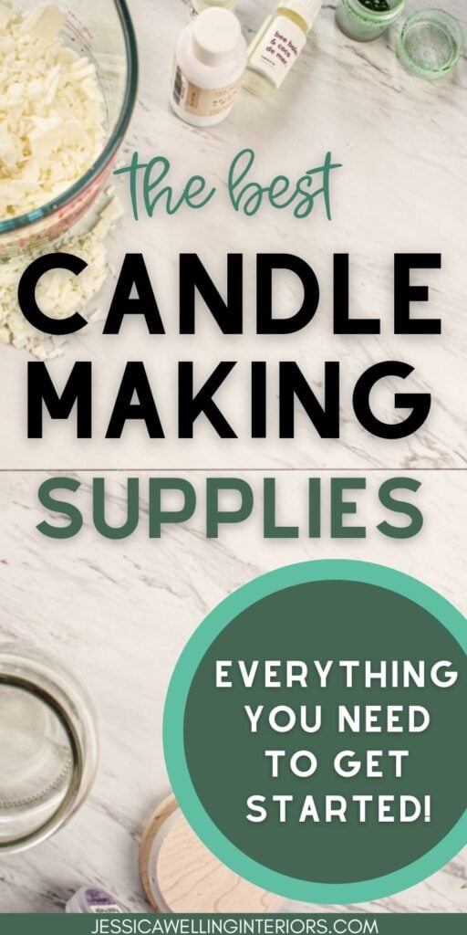 The Best Candle Making Supplies: Everything You Need To Get Started! overhead view of counter with candle jar, soy wax flakes, bottles of candle fragrance oils, and green wax dye