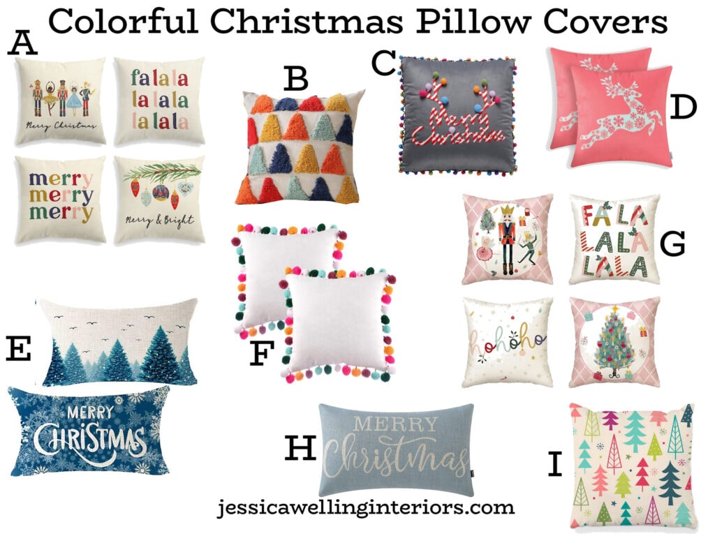Colorful Christmas Pillow Covers: Christmas throw pillow covers in non-traditional colors like pink, blue, and orange