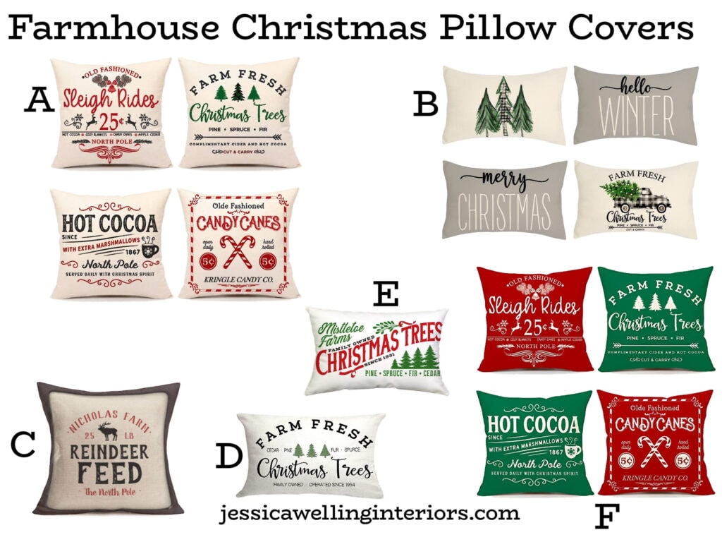 Farmhouse Christmas Pillow Covers: collage of vintage canvas throw pillow covers with sayings about candy canes, reindeer feed, fresh cut Christmas trees, etc.