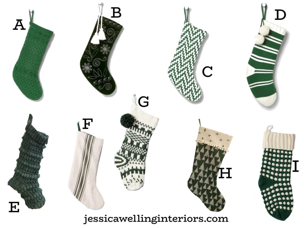 collage of green Christmas stockings with Boho details like pom poms, velvet, embroidery, and stripes