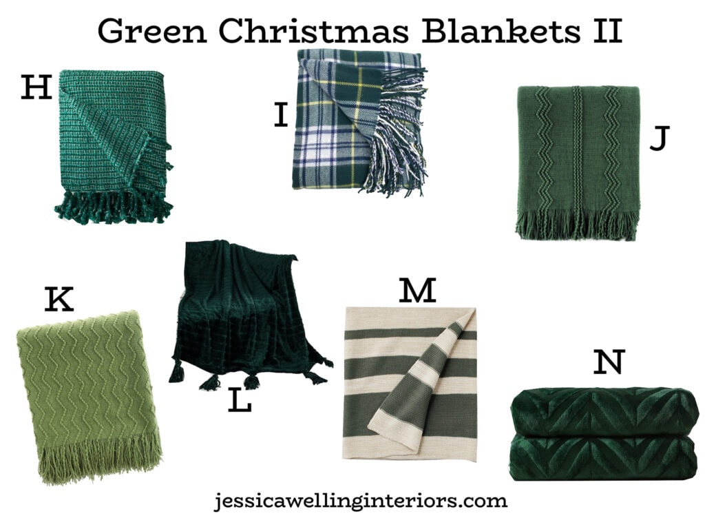 Green Christmas Blankets II: collage of throw blankets in different materials- woven plaid, knit, faux fur, fleece, sherpa, etc.