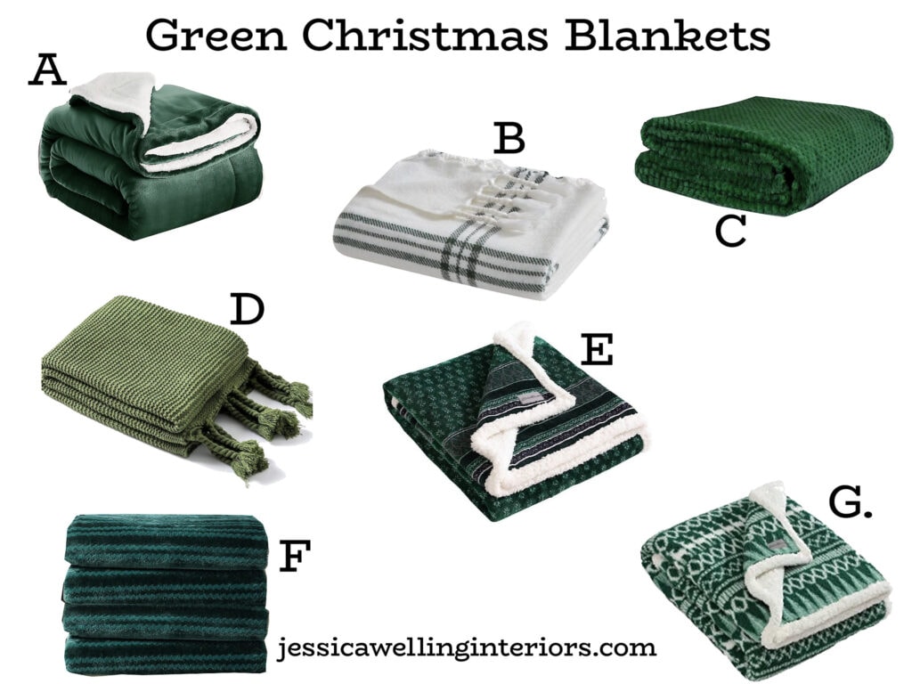 Green Christmas Blankets: collage of green throw blankets with velvet, fleece,  and knitted textures