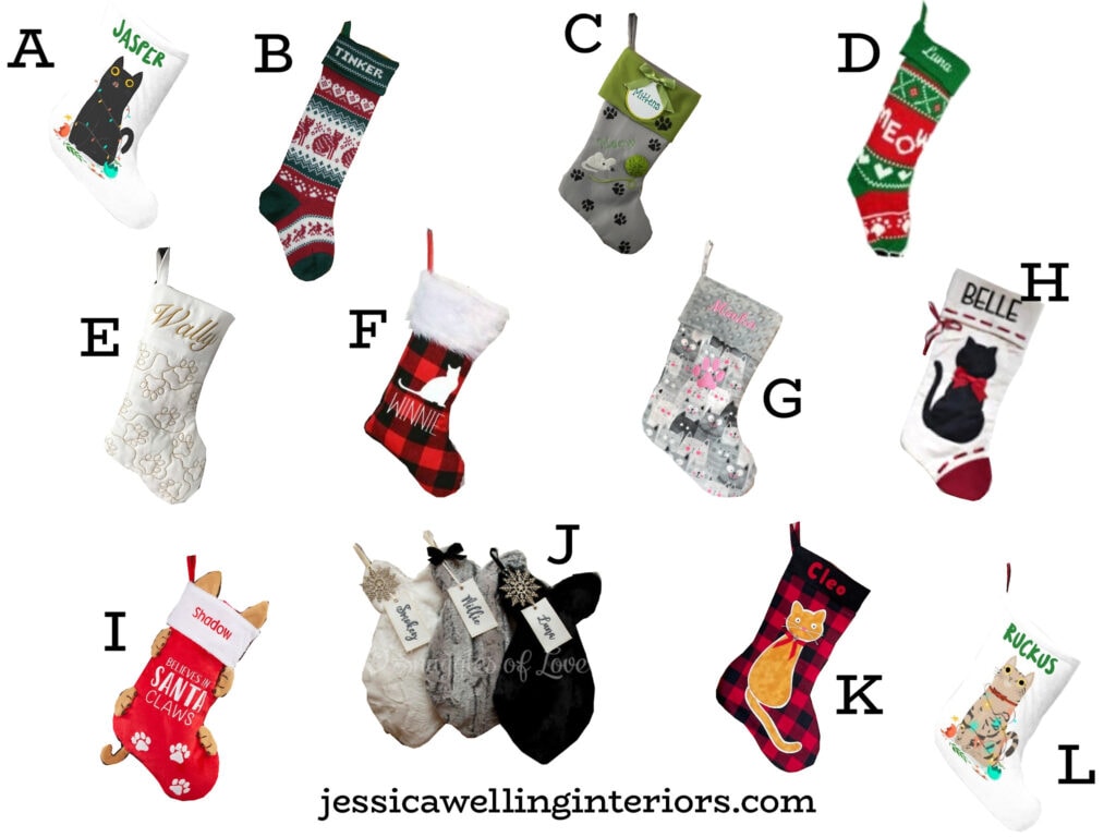 personalized cat Christmas stockings collage with names, pictures, tags, etc.