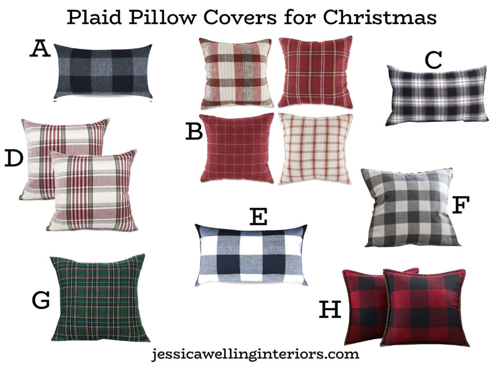 Plaid Pillow Covers for Christmas: collage of different plaid throw pillow covers in red, white, green, and black and white