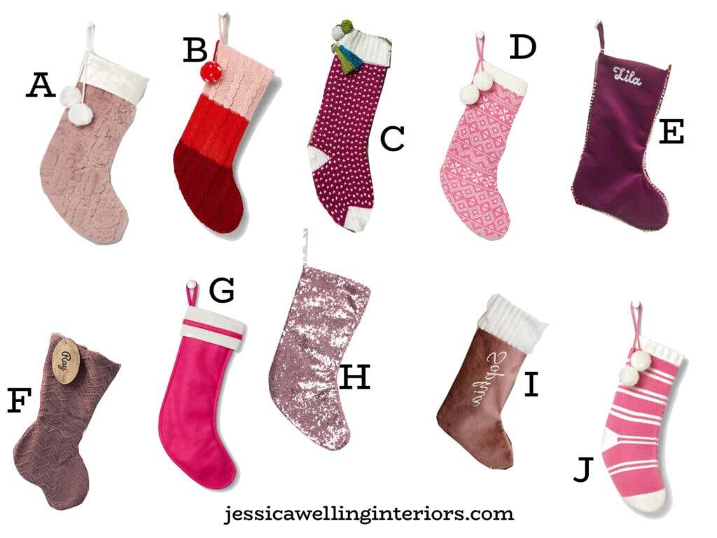 collage of Christmas stockings in pink and purple