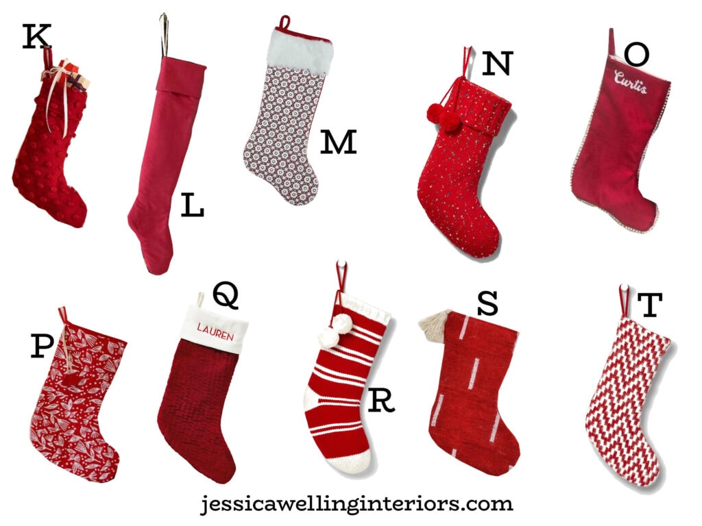 Modern Christmas stockings in red with pom poms, crochet, knit, stripes, and velvet