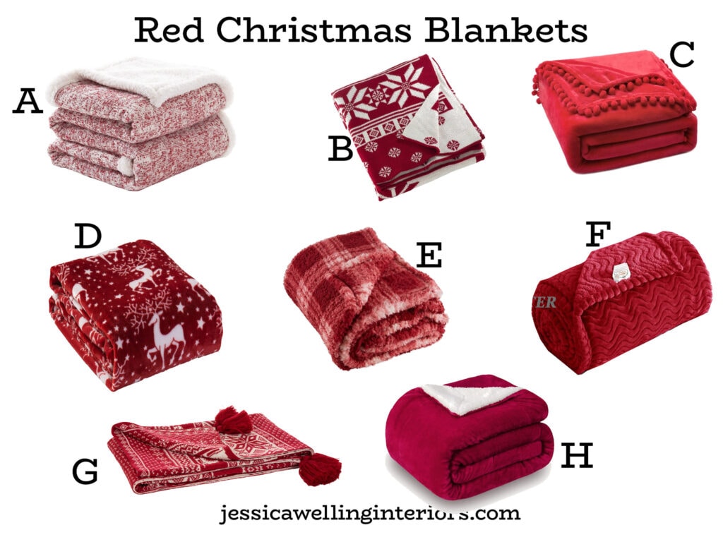 Red Christmas Blankets: 8 different red throw blankets for Christmas with reindeer, fair isle patterns, pom poms, tassels, and sherpa lining