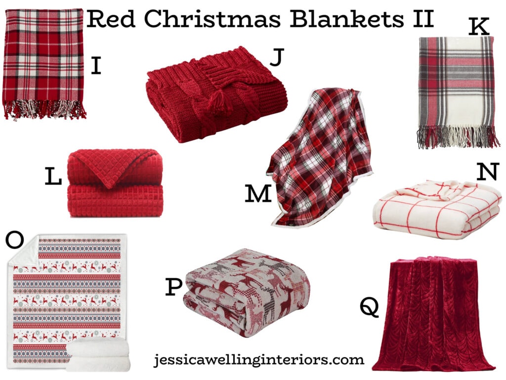 Red Christmas Blankets II: collage of different throw blankets in red with plaid, textured fleece, cable knit, tassels, and sherpa lining