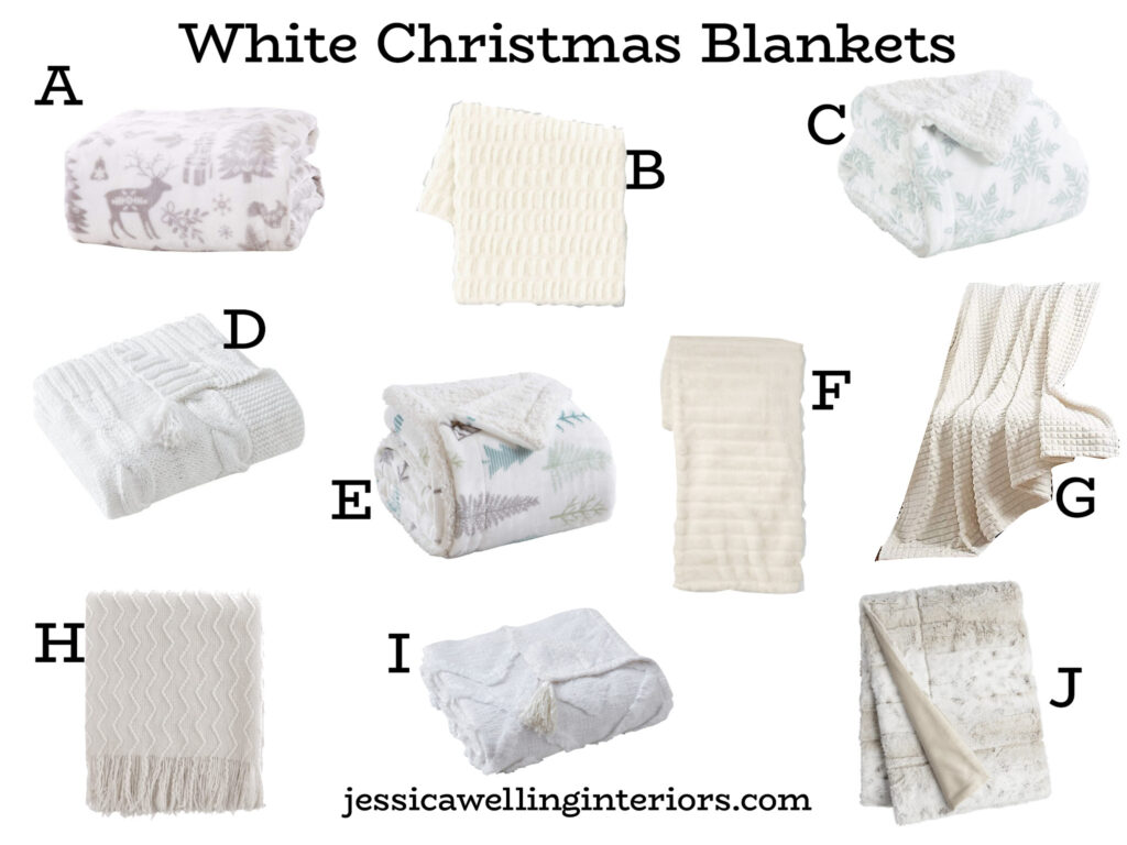 White Christmas Blankets: 10 different cozy throw blankets in white and cream with holiday prints like snowflakes, reindeer, and Christmas trees