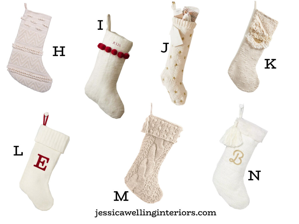 collage of White Boho Christmas stockings with macrame, cable knit, monograms, and pompoms
