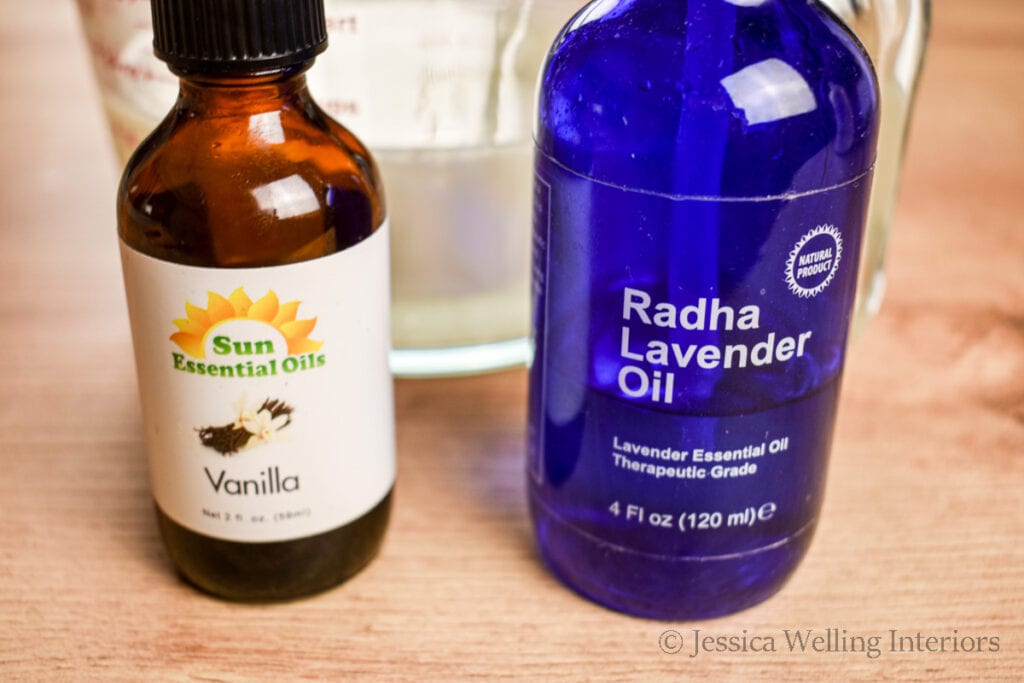 close up of bottles of lavender and vanilla essential oils