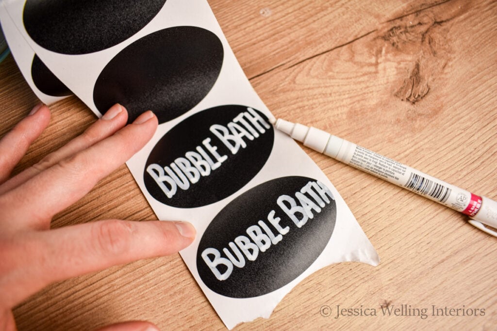 chalkboard sticker labels with the words "bubble bath" written on them