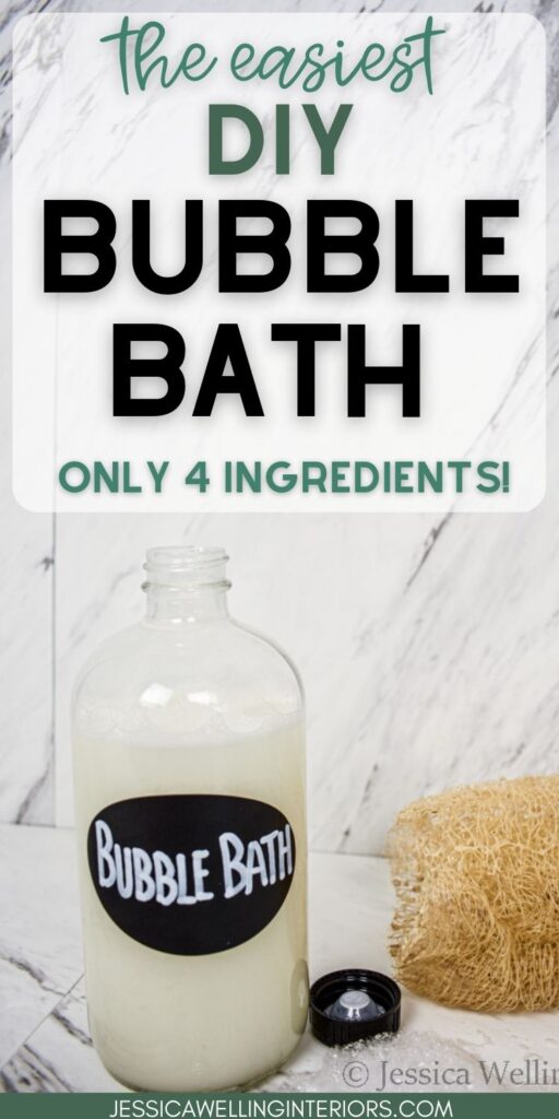 The Easiest DIY Bubble Bath- Only 4 Ingredients, bottle of homemade bubble bath with a loofa sponge