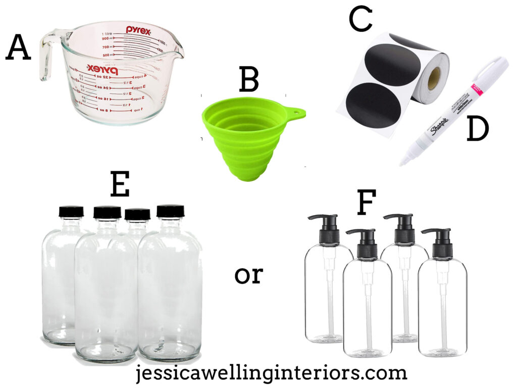 tools & materials needed to make DIY bubble bath- large glass measuring cup, funnel, chalkboard sticker labels & white paint pen, glass bottles, and plastic pump bottles