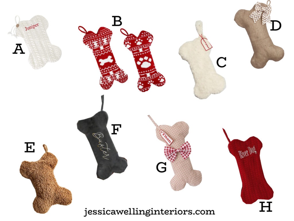 collage of bone-shaped Christmas stockings for dogs