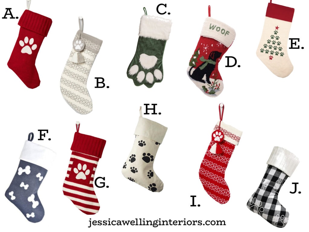 collage of Christmas stockings for dogs with paw prints and bones