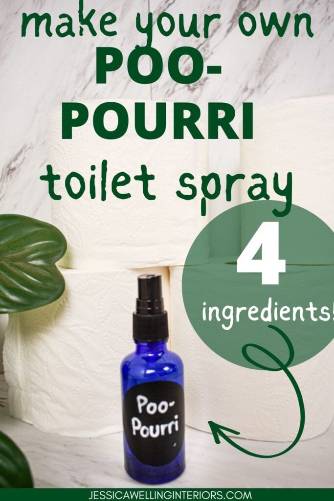 Make Your Own Poo-Pourri Toilet Spray; photo of blue spray bottle labeled "poo-pourri" with toilet paper