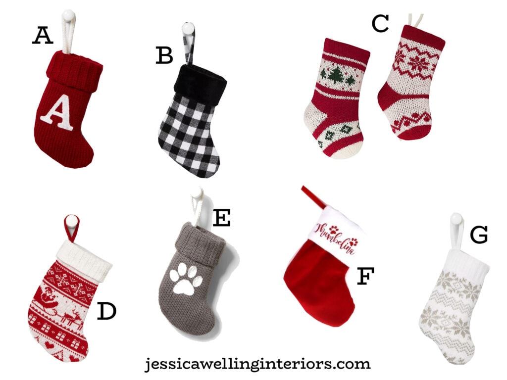 collage of mini dog Christmas stockings with bone shapes, fair isle patterns, names, and paw prints