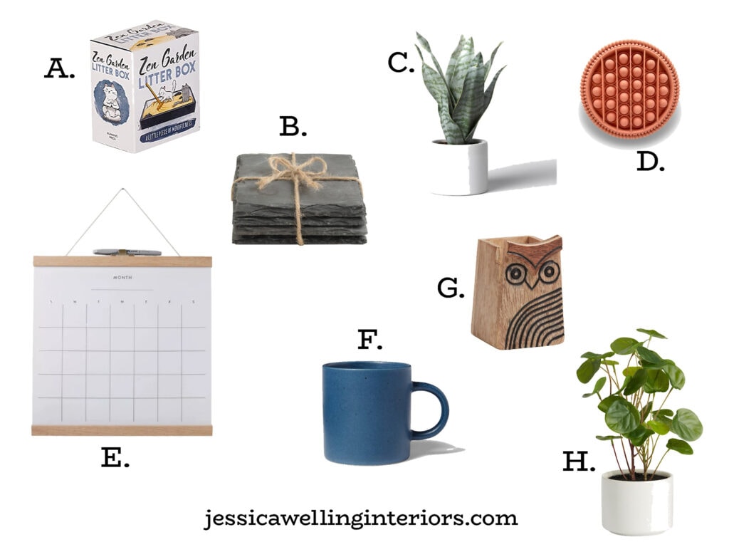 collage of office gifts under $10 for men- wall calendar, mug, coasters, artificial plant, pencil cup & zen garden