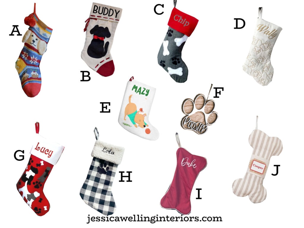 collection of personalized dog Christmas stockings with names, paw prints, bones, and pictures of dogs