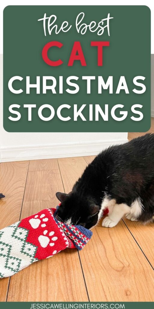 The Best Cat Christmas Stockings: black and white cat looking inside a cat Christmas stocking with paw prints on it